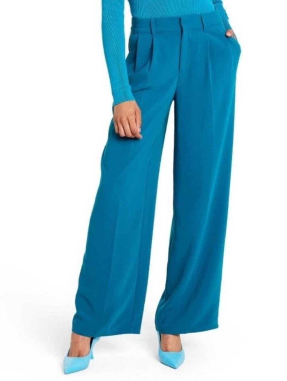 Sergio Hudson High-Rise Wide-Leg Trousers in Teal Blue Size Medium